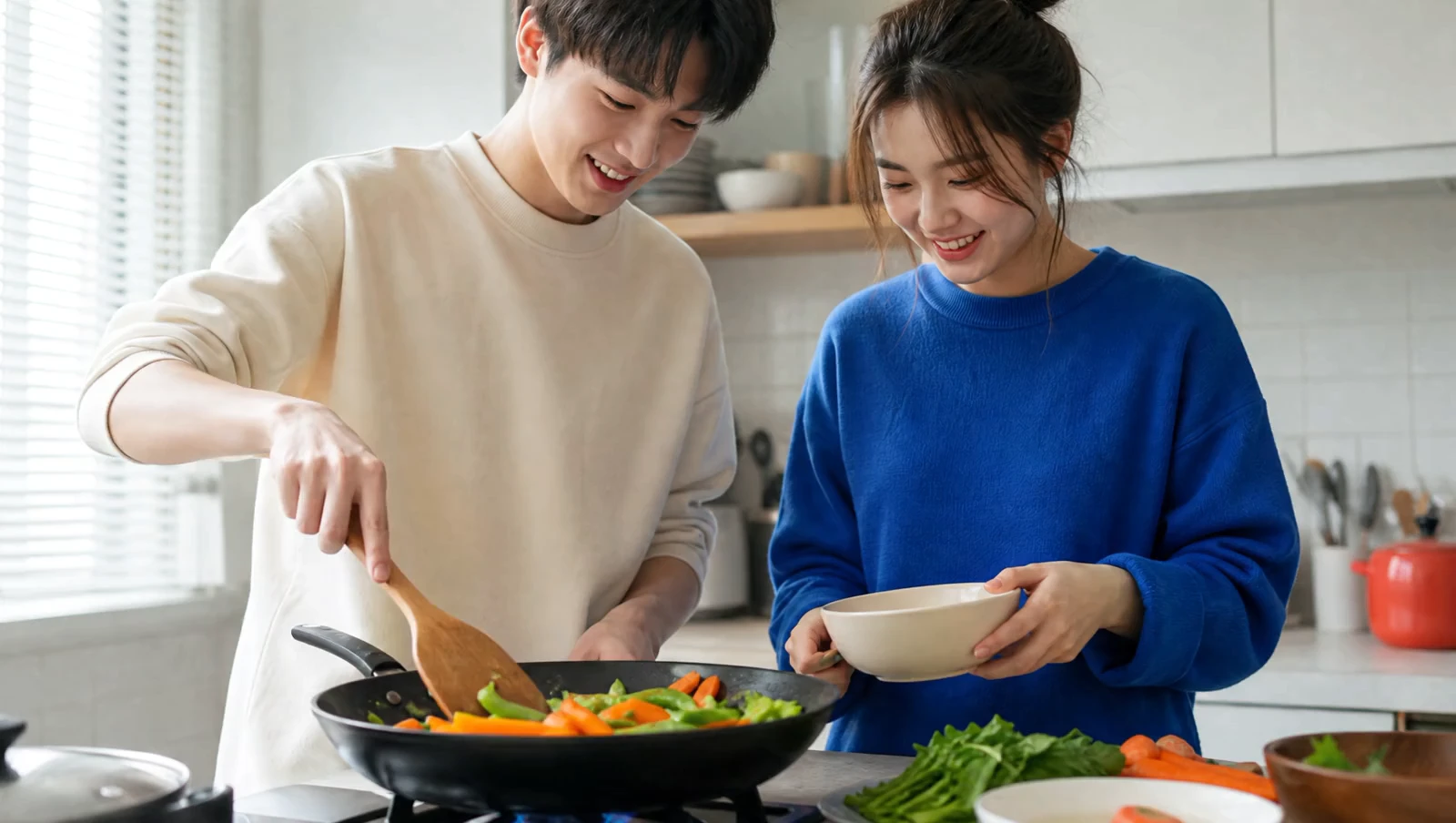 Two friends cooking carrots and greens together.
