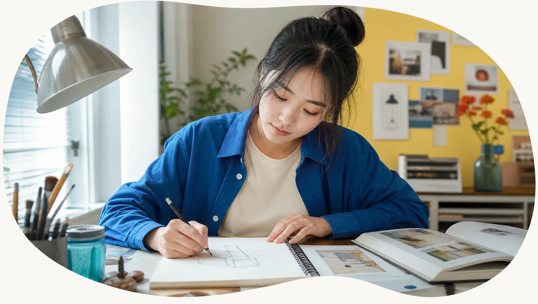 A young person drawing in a notebook.